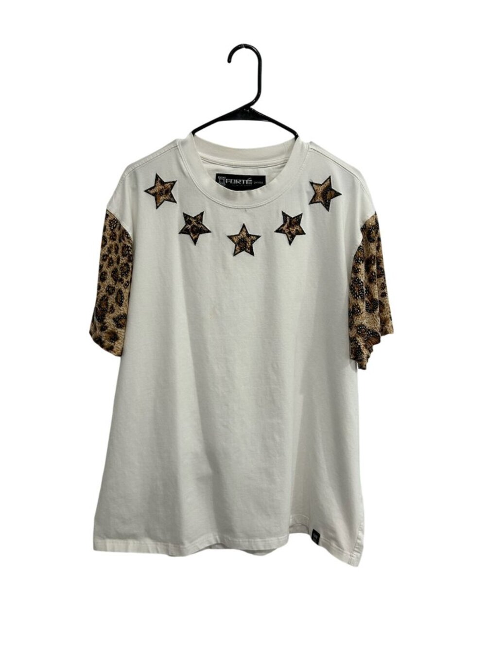 Forte 3XL White Tee Leopard Print Sleeves Star Patch Maximalist Statement Style